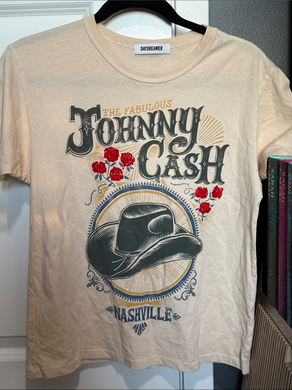 Daydreamer Beige Johnny Cash Nashville Graphic Tee with Red Roses
